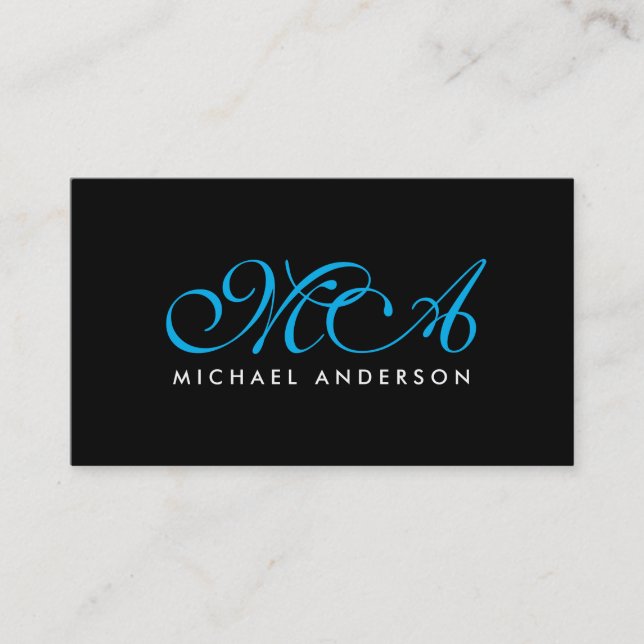 Cartão De Visita Plano de Fundo Preto do Monograma Elegante Azul (Frente)