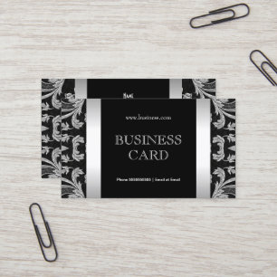 Cartão De Visita Plano Simples Prata Preto Floral Damasco 2