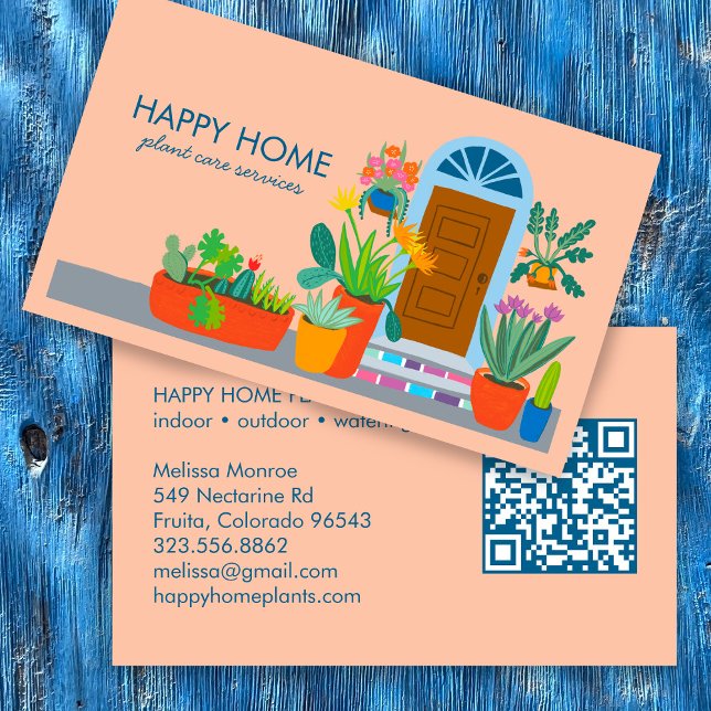 Cartão De Visita Planta de Fitossanidade Sentada Porta Frente Cuja  (Plant Care Plant Sitting Housesitting Home Services Cute Front Door Custom QR Code Business Card
)