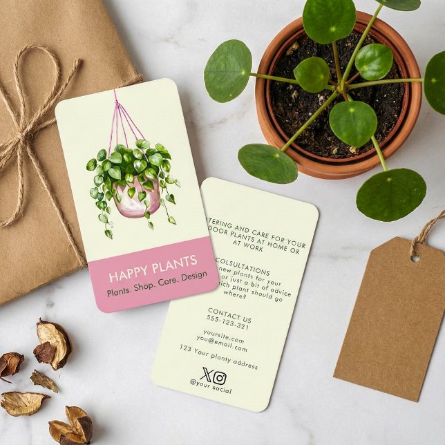 Cartão De Visita Planta de Pia e Creme com Aquarela (Watercolor Hanging Plant Pink and Cream Business Card.)