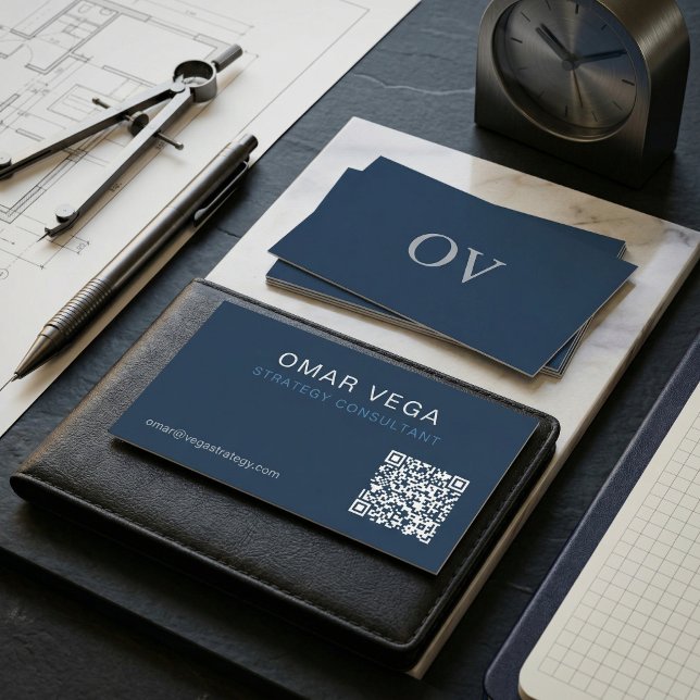 Cartão De Visita Planta de Referência Grid Minimal Moderno Código Q (Blueprint Grid Minimal Modern QR Code Business Card Consultant B2B)