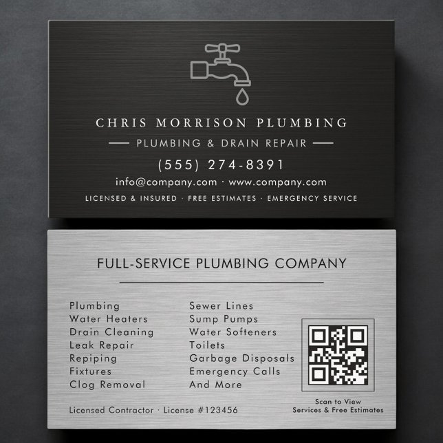 Cartão De Visita Plumbing Company QR Code Silver Black Metallic  (Criador carregado)