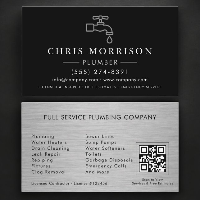 Cartão De Visita Plumbing Service and Repair Plumber QR Code (Criador carregado)