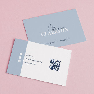 Cartão De Visita Poeira Azul Chic Código Qr Minimalista
