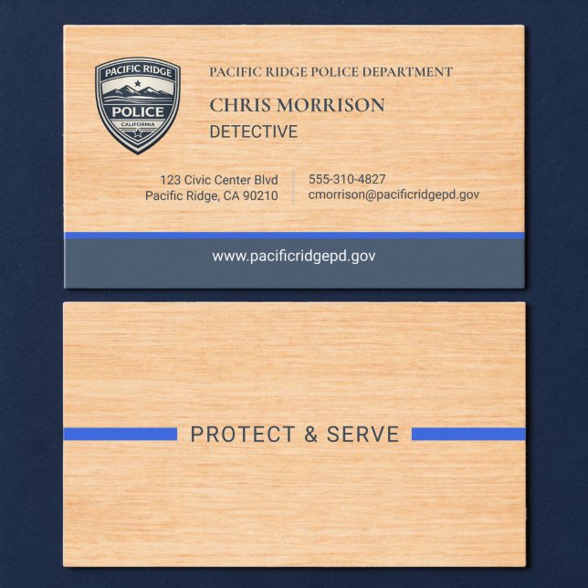 Cartão De Visita Police Thin Blue Line Rustic Wood Business Card (Criador carregado)