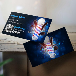 Cartão De Visita Pólo de barbearia azul Conecte-se conosco Código Q