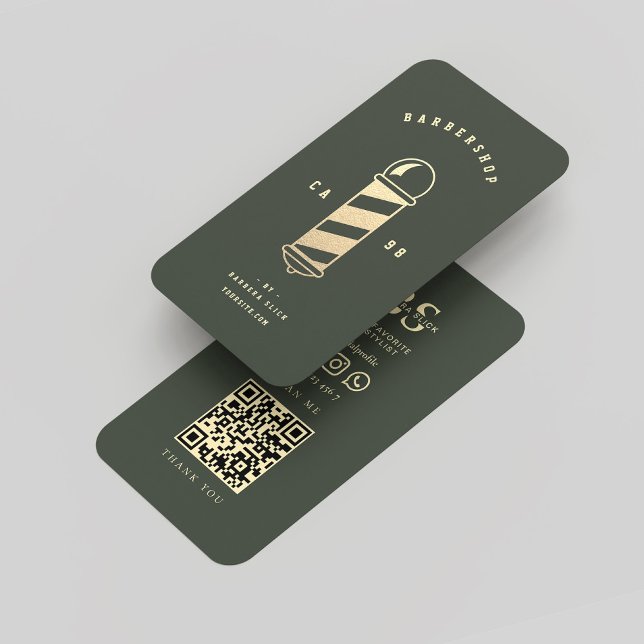 Cartão De Visita Polo de Barbeiro Dourado Verde do Moisés Moderno (Modern Barbershop Dark Green Gold Barber Pole Business Card
)