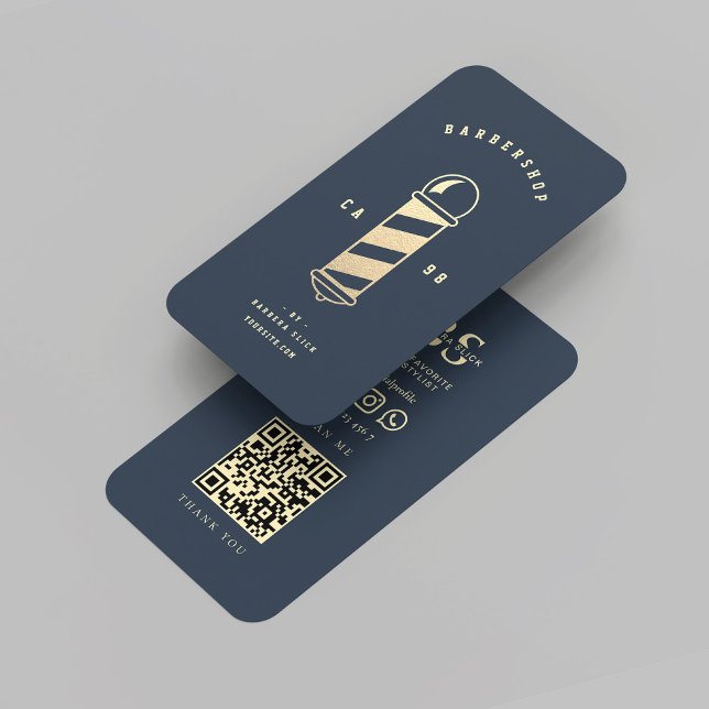 Cartão De Visita Polo de Barber Dourado Azul Escuro da Barbearia Mo (Modern Barbershop Dark Blue Gold Barber Pole Business Card
)