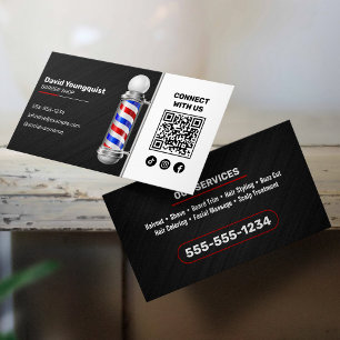 Cartão De Visita Pólo Moderno de Barbearia Preto Vermelho Conecte-s
