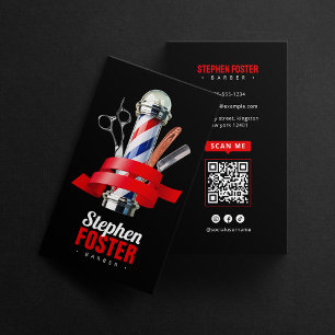 Cartão De Visita Pólo Preto e Vermelho da Barbearia Código QR