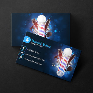 Cartão De Visita Pônei de barbearia com efeito Bokeh azul, tesoura 