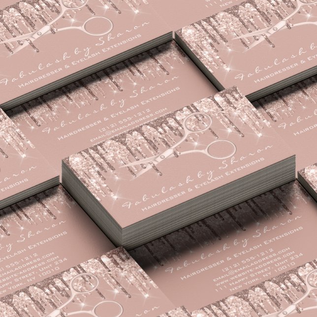 Cartão De Visita Ponteiro do cabelo, tesoura-de-cabelos, Rosa, pino (Hair Stylist Hairdresser Scissors Rose Drips Blush Business Card)