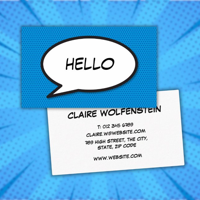 Cartão De Visita Pop de Arte do Livro Azul Bolha HELLO (Blue Comic Book Pop Art Speech Bubble HELLO Business Card)