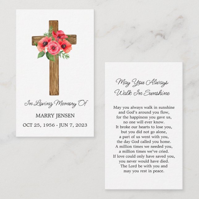 Cartão De Visita Poppy Cross Memorial Funeral Prayer Card (Frente/Verso)
