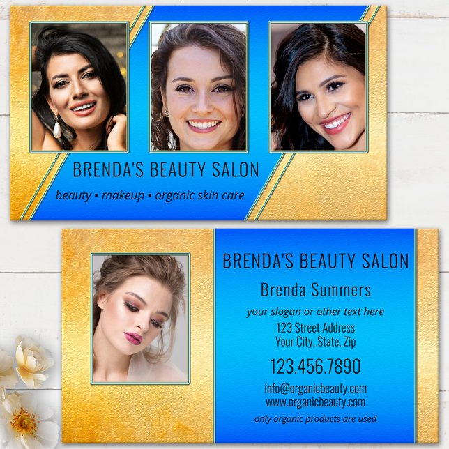 Cartão De Visita Portfolio Beauty Salon Blue Dourado (Modern beauty business card showing your photos framed by a turquoise blue and gold artistic design)