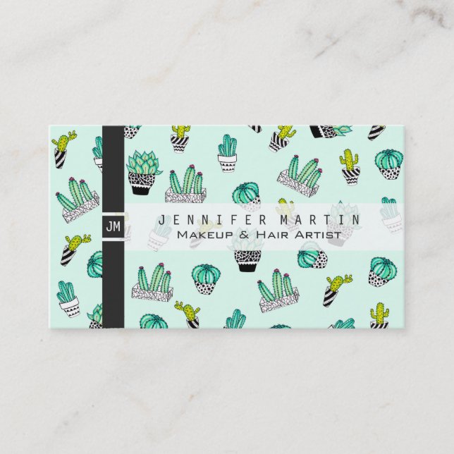 Cartão De Visita Potes preto e branco do cacto da aguarela do verão (Frente)