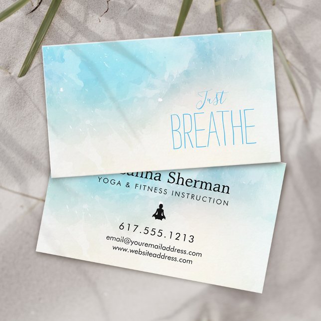Cartão De Visita Praia de Aquarela, apenas respire Yoga e Bem-Estar (Watercolor Beach Just Breathe Yoga and Wellness Business Card)