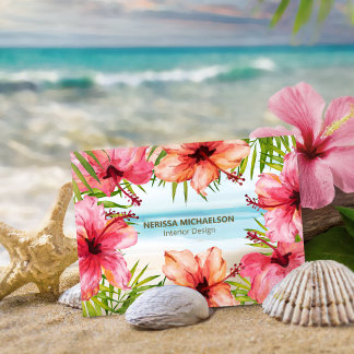 Cartão De Visita Praia Tropical Aquarela Hibiscus Flor & Palm