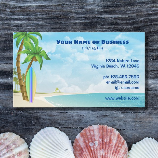 Cartão De Visita Praias tropicais de surfe e palmeiras (Front - Surfboard and Palm Trees Tropical Beach Business Card)
