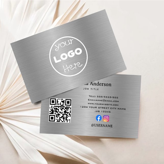 Cartão De Visita Prata de alumínio metálico Elegante escovada (Elegant Logo Metal Aluminum Silver Brushed Business Card)