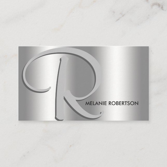 Cartão De Visita Prata Elegante Simples no Monograma de Script Silv (Frente)