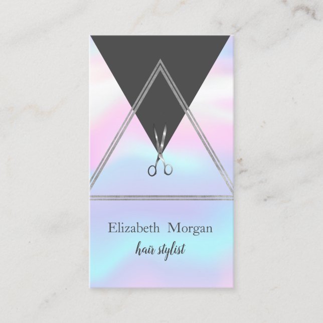 Cartão De Visita Prata Geométrica Elegante, Holografia de Tesoura (Frente)