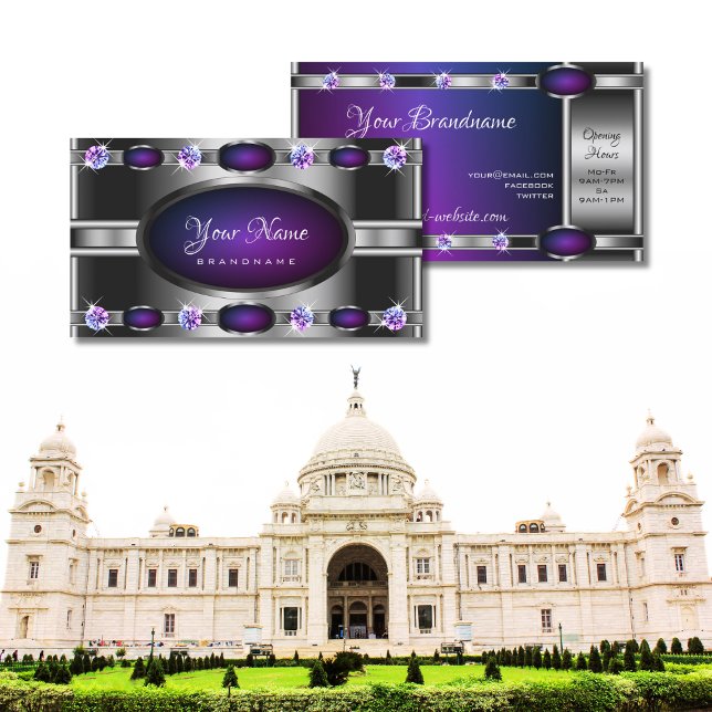 Cartão De Visita Prata Moderna com Gradiente Roxo e Rinestonas (Criador carregado)