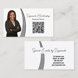 Cartão De Visita Prata Prata Falsa Brilho Faux Foto QR Profissional