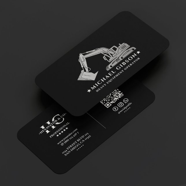 Cartão De Visita Prata preta de construção de operador de equipamen (Heavy Equipment Operator Construction Black Silver Business Card
)