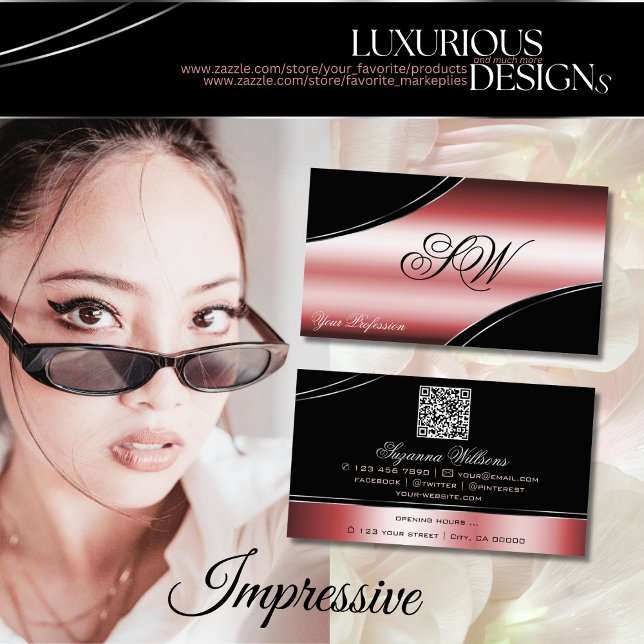 Cartão De Visita Precioso Vermelho Negro Linhas Curvas Monograma QR (Criador carregado)