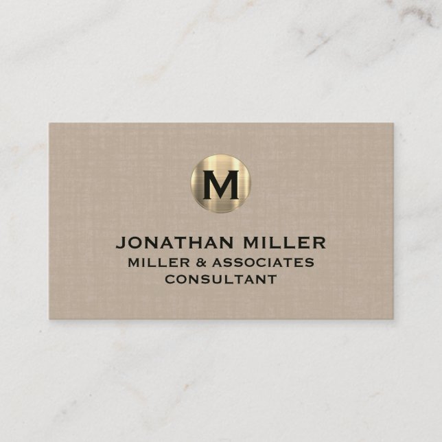 Cartão De Visita Prêmio Beige Linen Dourado Monograma (Frente)