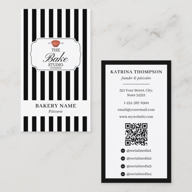 Cartão De Visita Preppy Black White Stripes Bakery Logo QR Code (Frente/Verso)