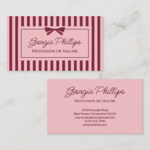 Cartão De Visita Preppy Burgundy & Listras Rosa & Laço Retro