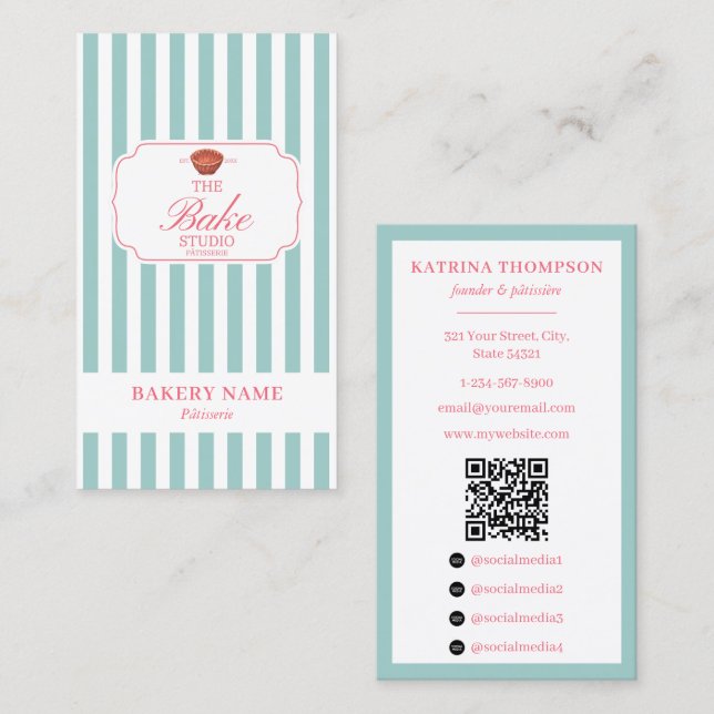 Cartão De Visita Preppy Green & Pink Stripes Bakery Logo QR Code (Frente/Verso)