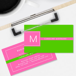 Cartão De Visita Preppy Monograma Rosa e Verde Lima Profissional