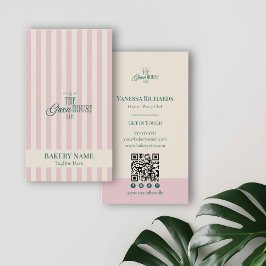 Cartão De Visita Preppy Pink Stripes Green Bakery Logo QR Code 