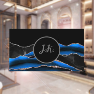 Cartão De Visita Preto Azul Prata Iniciais Ágata Glam Marmore