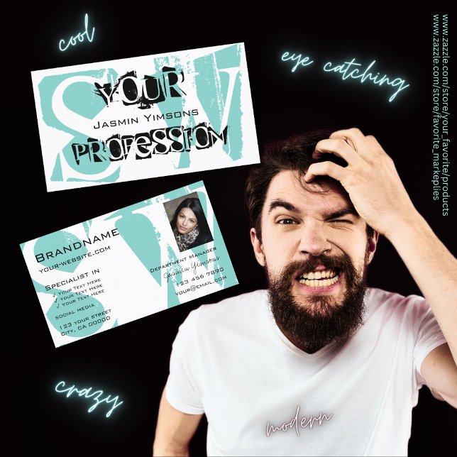 Cartão De Visita Preto Branco Teal Moderno com Foto e Monograma (Criador carregado)