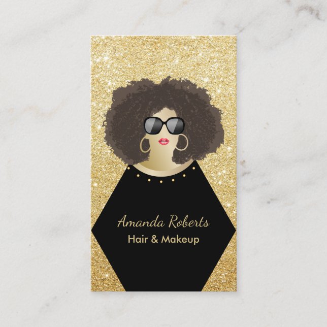 Cartão De Visita Preto chique & ouro do Afro do cabeleireiro do (Frente)