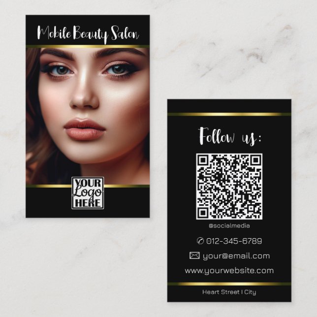 Cartão De Visita Preto comum elegante Dourado com código QR de foto (Frente/Verso)