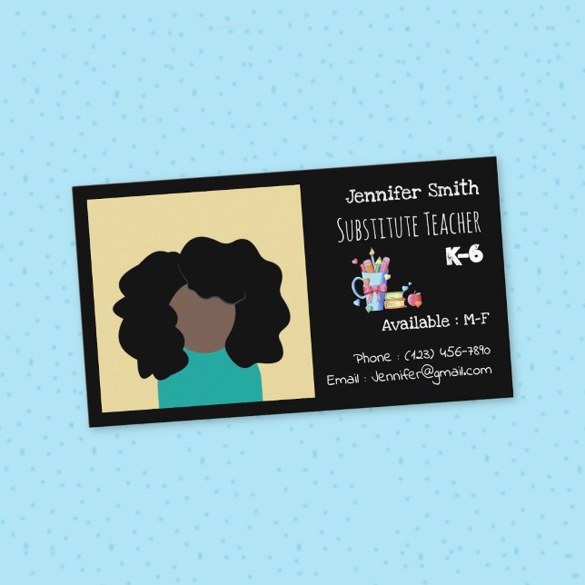 Cartão de Visita Preto de Professor Substituto com (Substitute teacher black standard business card with photo . )
