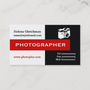 Cartão De Visita Preto do fotógrafo, branco, vermelho atraente