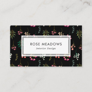 Cartão De Visita Preto do teste padrão dos Wildflowers de Boho