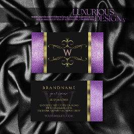 Cartão De Visita Preto Dourado com Monograma Ornamental Roxo