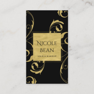 Cartão De Visita Preto & Dourado Falso Floral Swirl Elegante