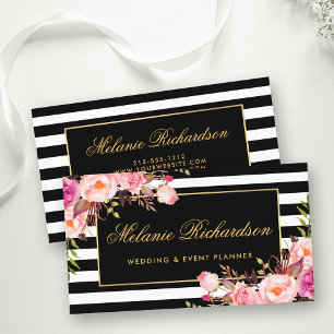 Cartão De Visita Preto Dourado floral do rosa elegante da aguarela