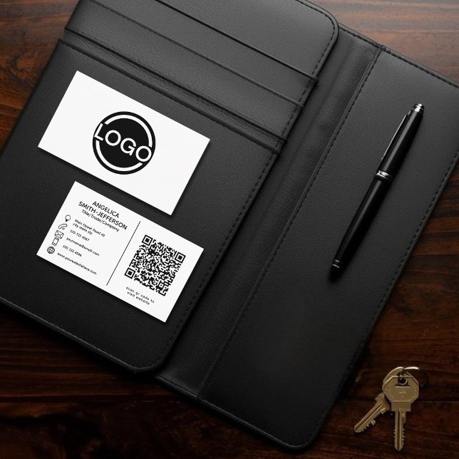 Cartão de Visita Preto e Branco com Código QR do L (Logo QR code Black & White Business Card)
