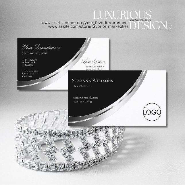 Cartão De Visita Preto e branco com decoração prateada e moderno lo (Criador carregado)