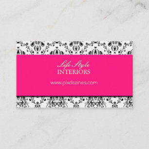Cartão De Visita Preto e Branco Damask/Acento Rosa Quente