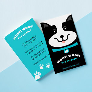 Cartão De Visita Preto e Branco, Pet de Cachorro Feliz Sentado e Al